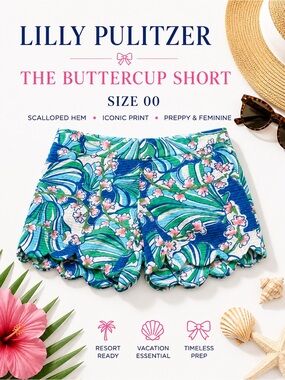Lilly Pulitzer Buttercup Scallop Hem Shorts Blue Floral Seersucker 00